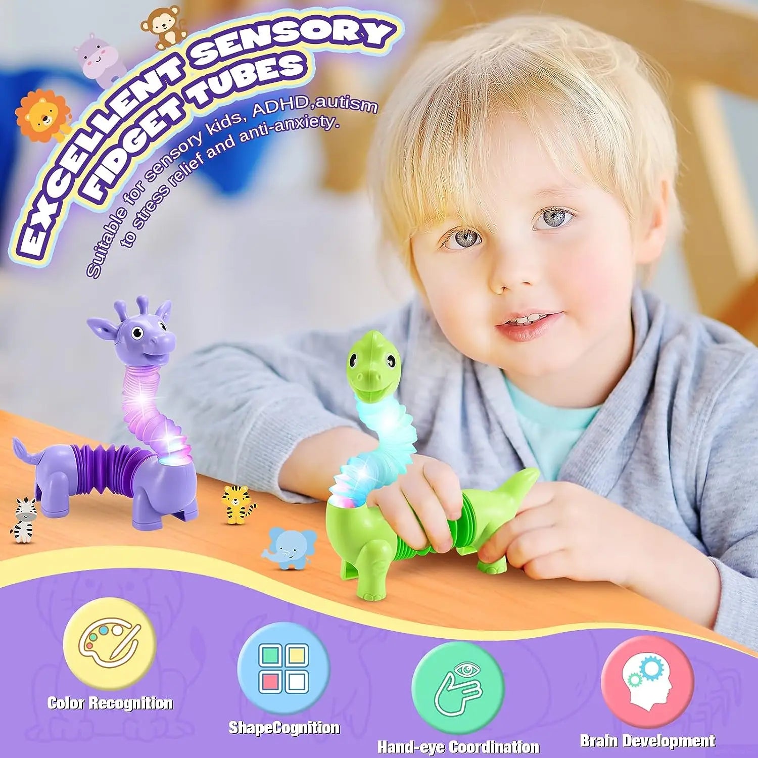 HKM-710291 LED Light-Up Giraffe Pop Tubes Sensory Toy for Kids and Adults, Educational Fidget Fun