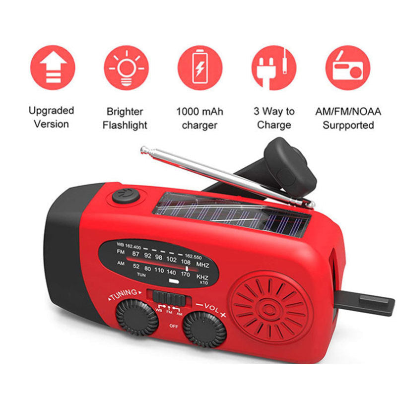 HKM-710355 Solar Hand Crank USB Charging Radio Flashlight in Red - Compact and Lightweight Emergency Device