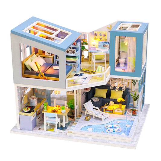 KTX-710739 Classic Wooden Dollhouse DIY Kit with Miniature Furniture for Kids Ages 6+