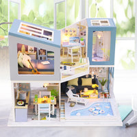 HKM-710739 Classic Wooden Dollhouse DIY Kit with Miniature Furniture for Kids Ages 6+