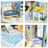 HKM-710739 Classic Wooden Dollhouse DIY Kit with Miniature Furniture for Kids Ages 6+