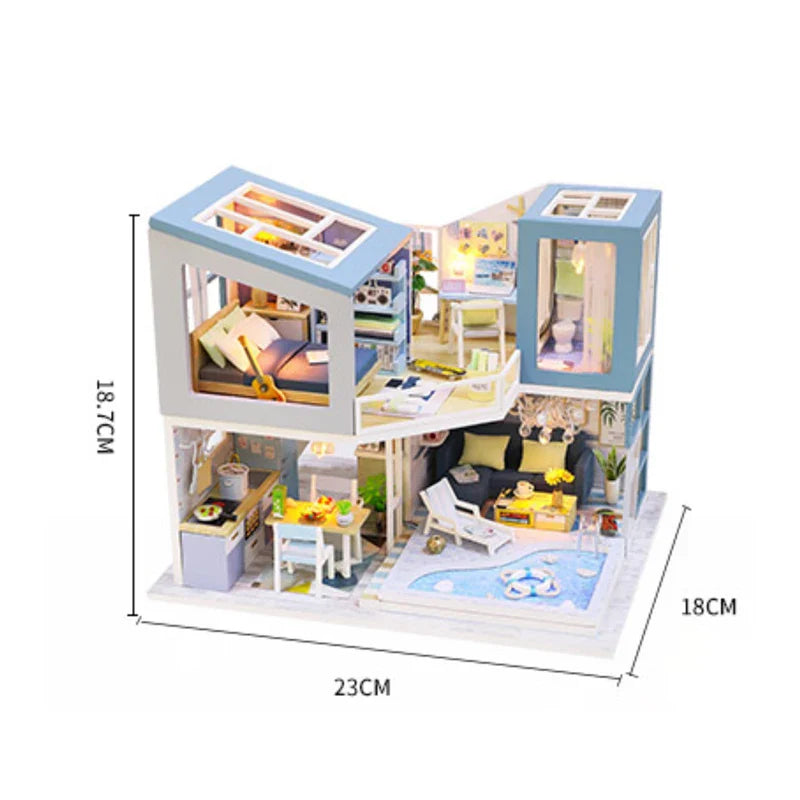 HKM-710739 Classic Wooden Dollhouse DIY Kit with Miniature Furniture for Kids Ages 6+