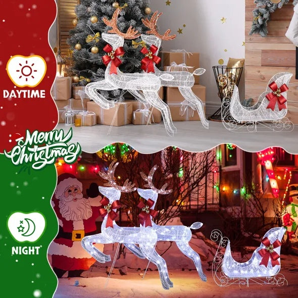HKM-712403 Lighted 3-Piece Reindeer and Sleigh Set with 270 LED White Lights, Weatherproof Outdoor Christmas Decoration