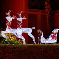 HKM-712403 Lighted 3-Piece Reindeer and Sleigh Set with 270 LED White Lights, Weatherproof Outdoor Christmas Decoration