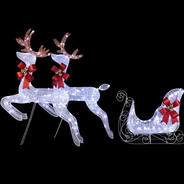 HKM-712403 Lighted 3-Piece Reindeer and Sleigh Set with 270 LED White Lights, Weatherproof Outdoor Christmas Decoration