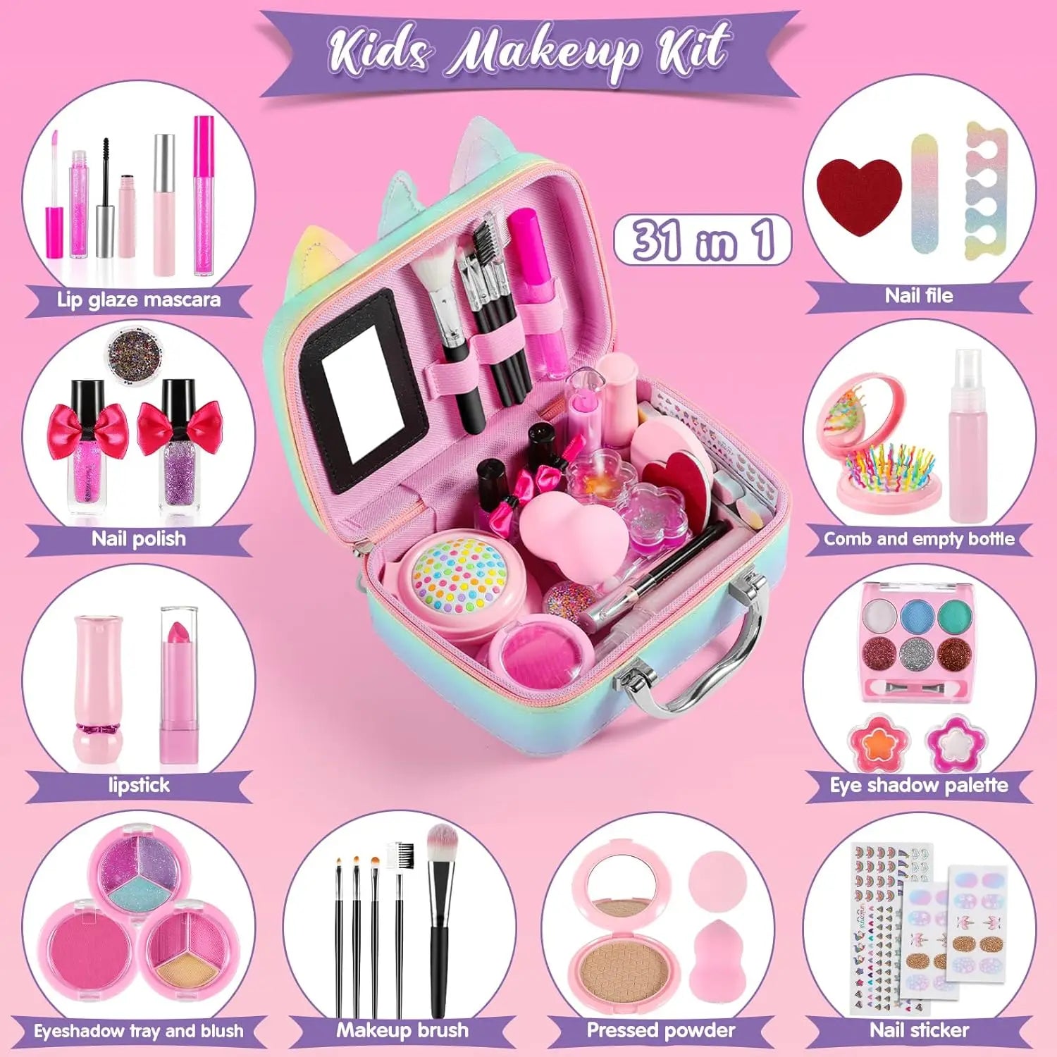 HKM-712467 Kids Pretend Play Makeup Toy Set with Portable Storage Box, Safe and Fun for Ages 2-13