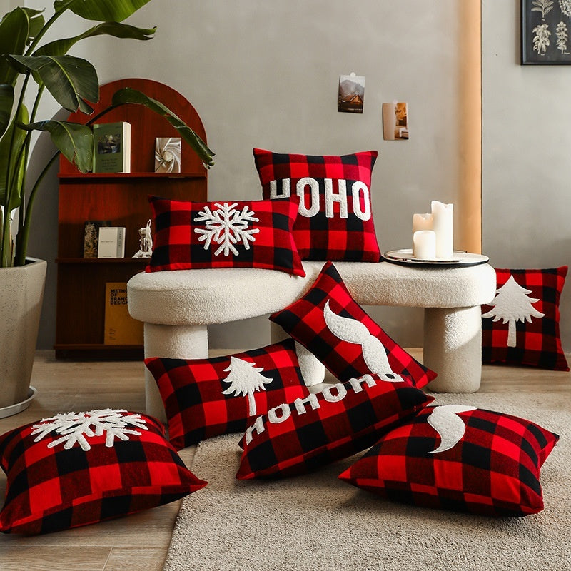 HKM-712595 Christmas Red Black Plaid Embroidered Cushion Cover - Various Designs Available