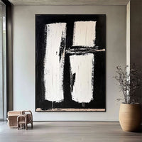 HKM-712723 Hand-Painted Black and White Abstract Oil Painting on Canvas - Unstretched Decorative Wall Art for Home Decor
