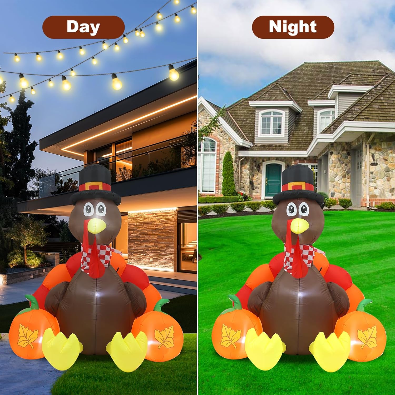 HKM-712979 Thanksgiving 6FT Inflatable Turkey Decoration with LED Lights for Yard and PatioFestivities