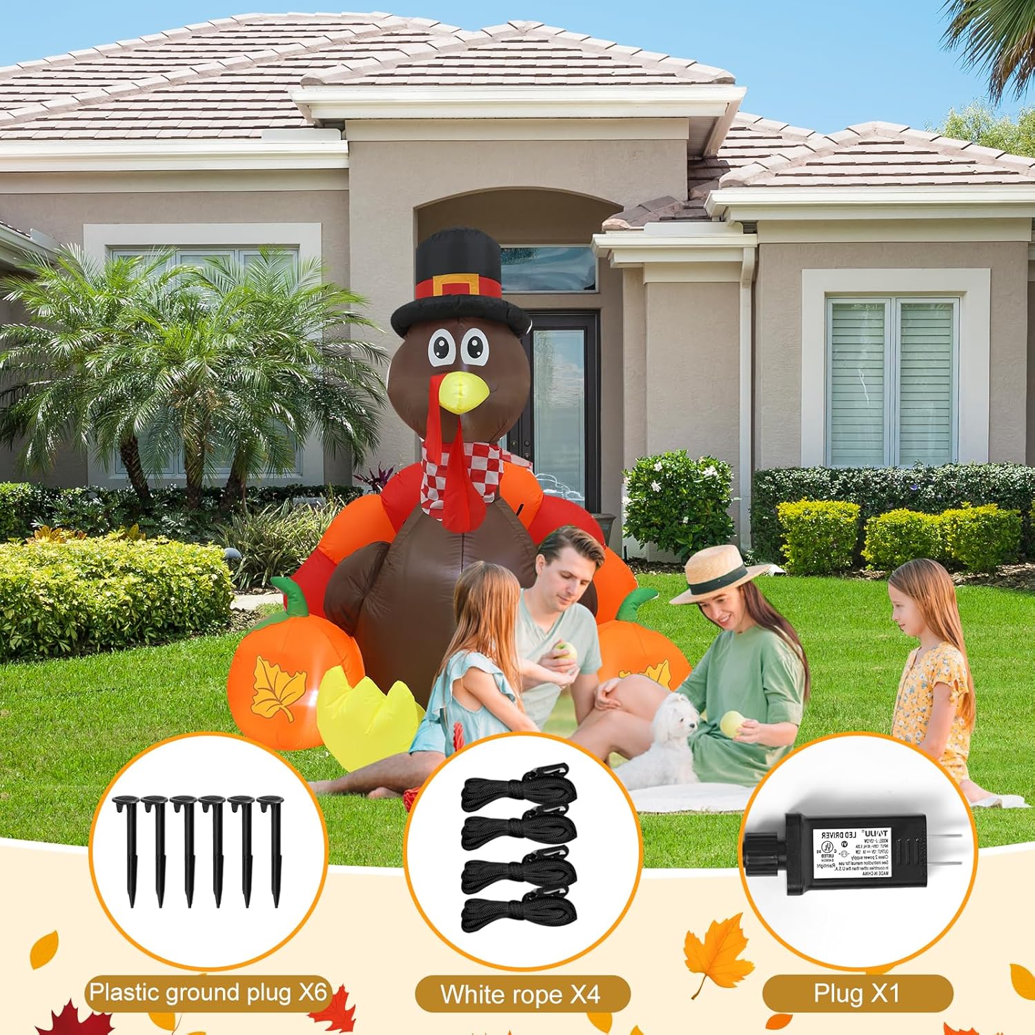HKM-712979 Thanksgiving 6FT Inflatable Turkey Decoration with LED Lights for Yard and PatioFestivities