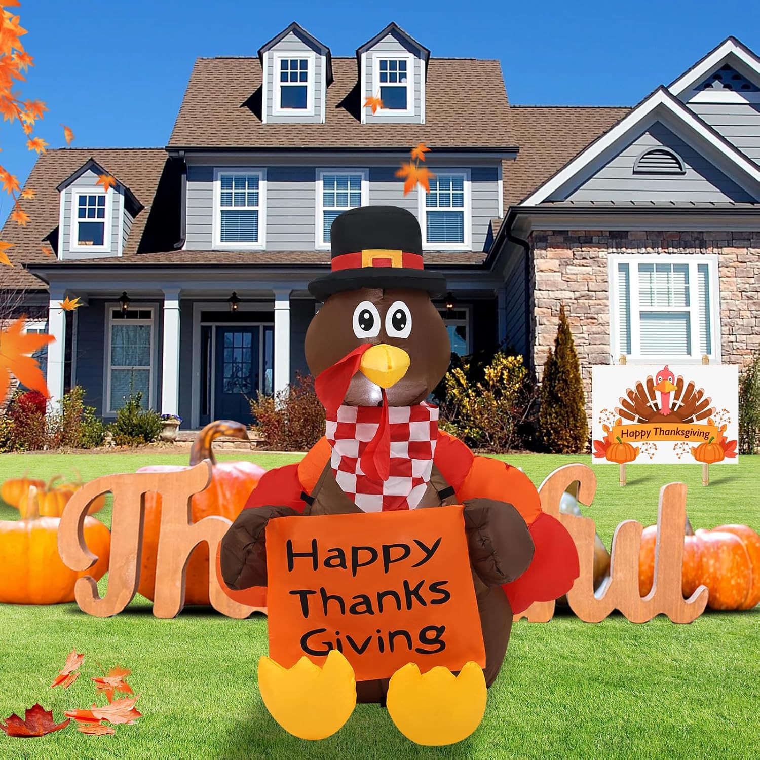 HKM-712979 Thanksgiving 6FT Inflatable Turkey Decoration with LED Lights for Yard and PatioFestivities