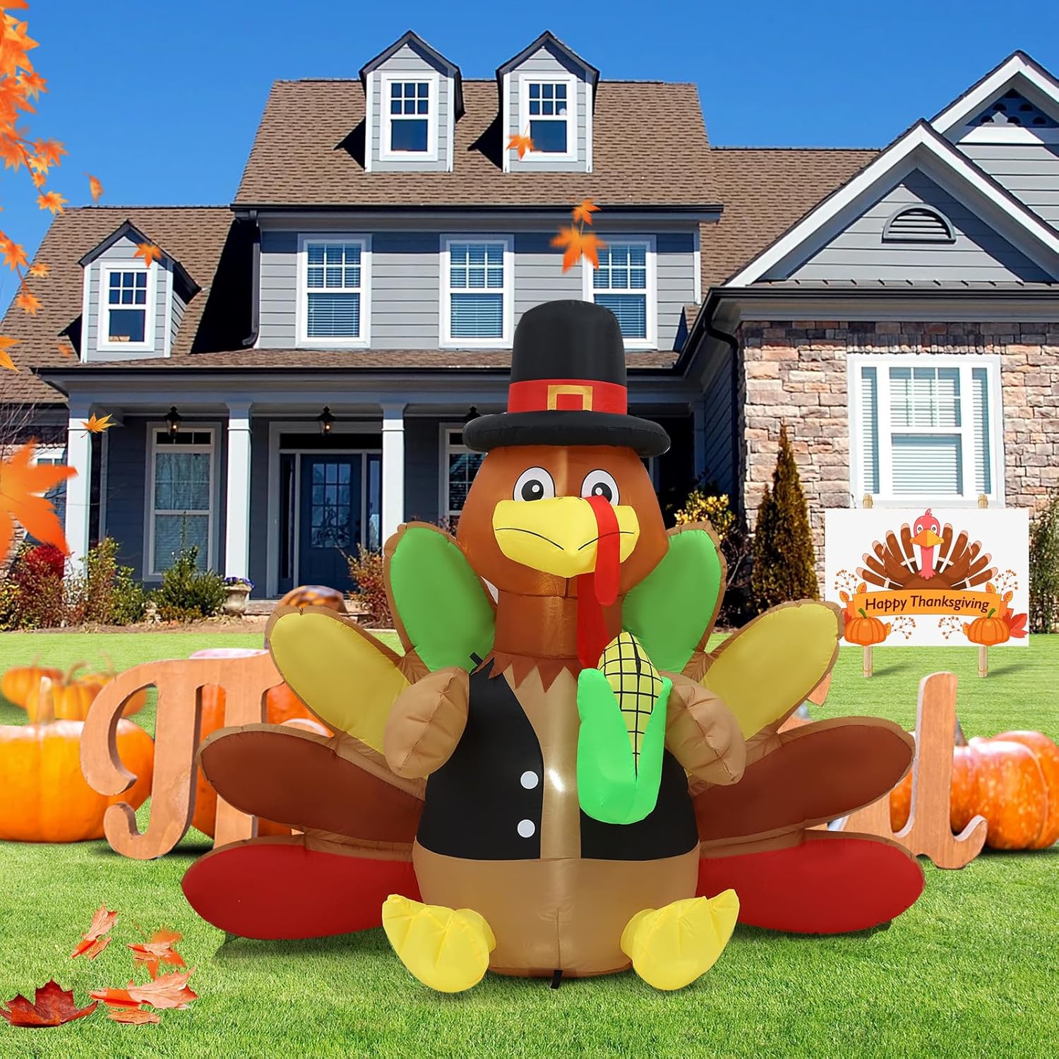 HKM-712979 Thanksgiving 6FT Inflatable Turkey Decoration with LED Lights for Yard and PatioFestivities