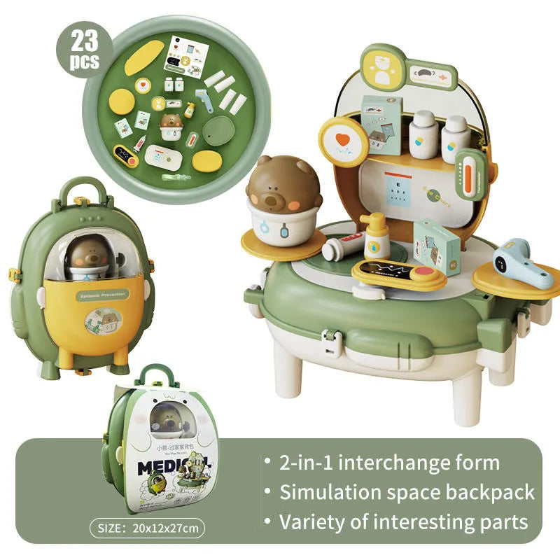 KTX-713043 Bear Backpack Pretend Play Toy Set for Kids - Multifunctional Kitchen Dress-Up Fun