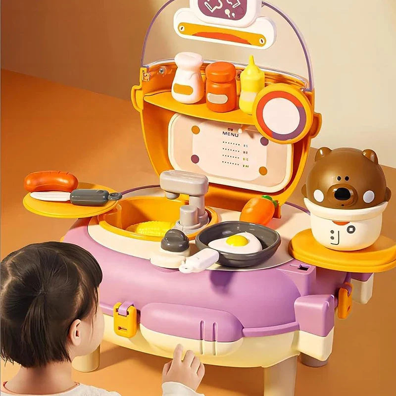 KTX-713043 Bear Backpack Pretend Play Toy Set for Kids - Multifunctional Kitchen Dress-Up Fun