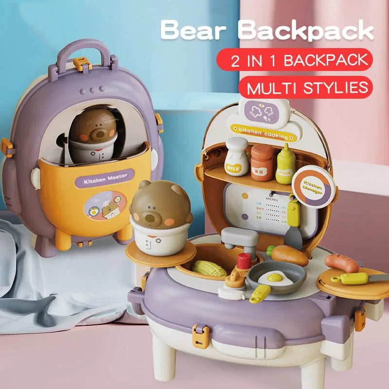KTX-713043 Bear Backpack Pretend Play Toy Set for Kids - Multifunctional Kitchen Dress-Up Fun
