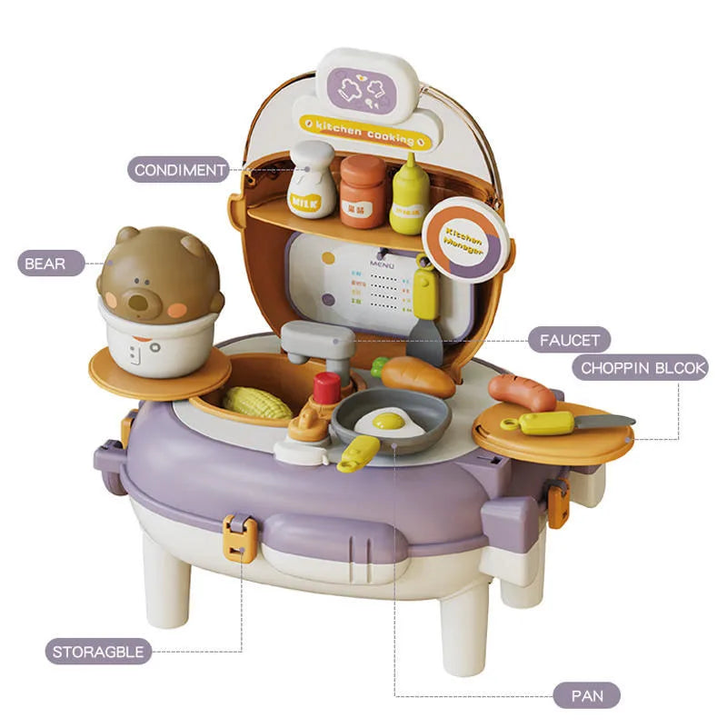 KTX-713043 Bear Backpack Pretend Play Toy Set for Kids - Multifunctional Kitchen Dress-Up Fun