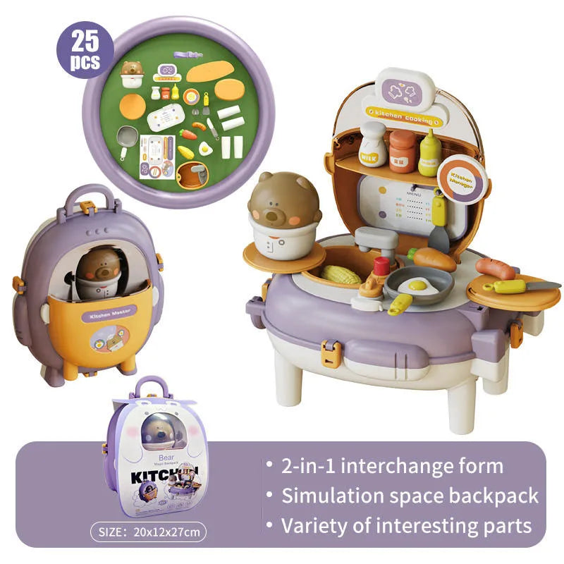 KTX-713043 Bear Backpack Pretend Play Toy Set for Kids - Multifunctional Kitchen Dress-Up Fun