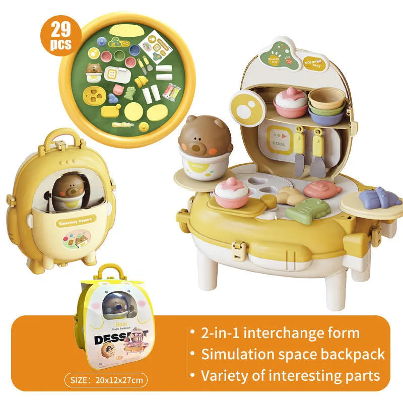 KTX-713043 Bear Backpack Pretend Play Toy Set for Kids - Multifunctional Kitchen Dress-Up Fun