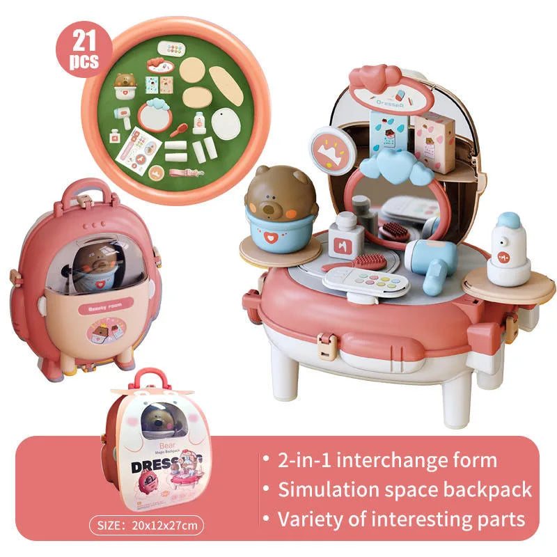 KTX-713043 Bear Backpack Pretend Play Toy Set for Kids - Multifunctional Kitchen Dress-Up Fun