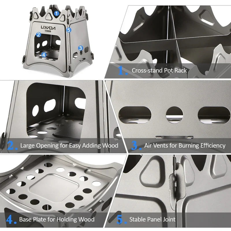 KTX-713299 Portable Titanium Camping Stove - Lightweight Folding Wood Burner for Outdoor Cooking