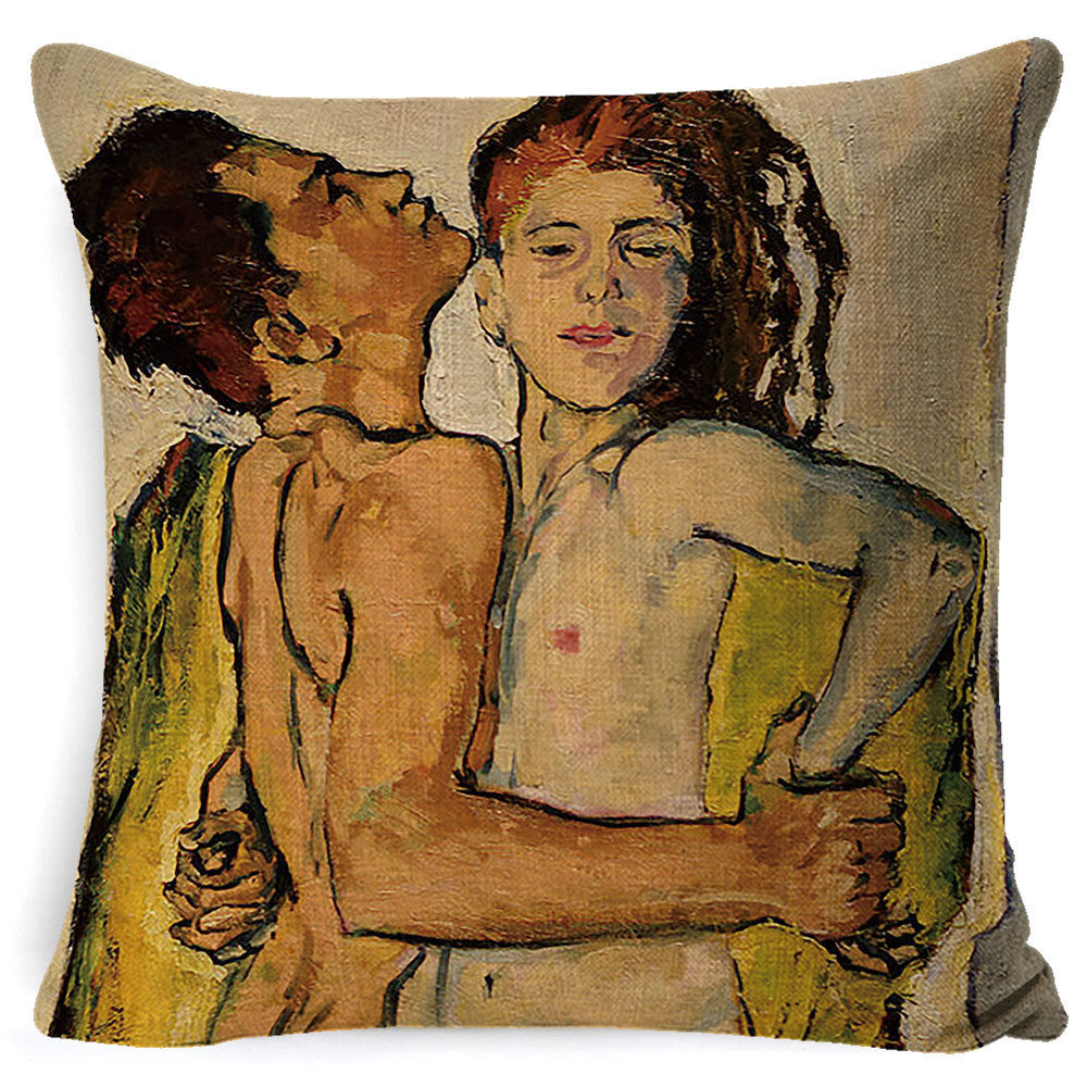 HKM-713491 Couple Cartoon Pillow Cushion - European Classic Linen Home Decor with Invisible Zipper
