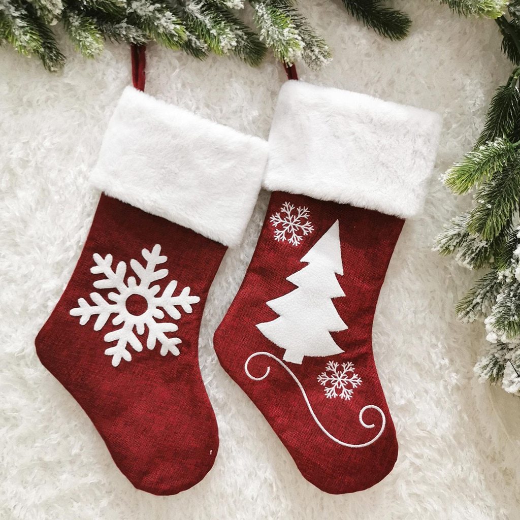 HKM-713555 Christmas Holiday Decorative Socks Gift Bag - Snowflake & Tree Pattern, Reusable for Gifts and Treats, 46x25cm