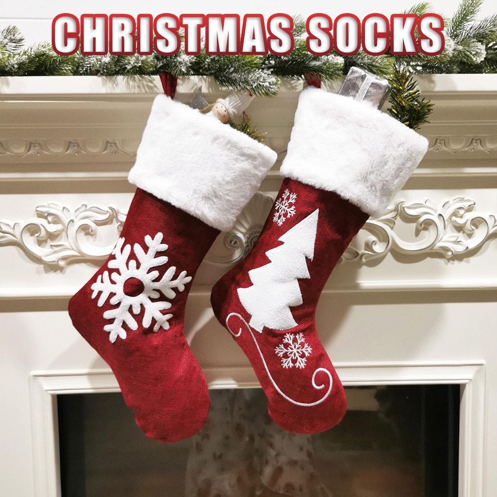 HKM-713555 Christmas Holiday Decorative Socks Gift Bag - Snowflake & Tree Pattern, Reusable for Gifts and Treats, 46x25cm