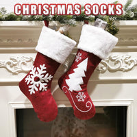 HKM-713555 Christmas Holiday Decorative Socks Gift Bag - Snowflake & Tree Pattern, Reusable for Gifts and Treats, 46x25cm