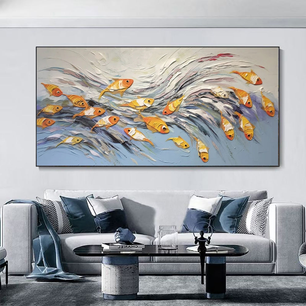 HKM-713875 Hand-Painted Canvas Art of Cheerful Fish - Unique Unframed Oil Painting for Home Decor