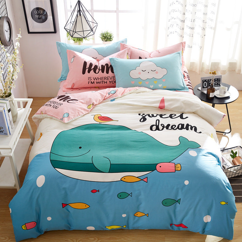 HKM-713939 Cartoon Four-Piece Cotton Duvet Cover Set for 1.8m Bed - Modern Twill Weave Design