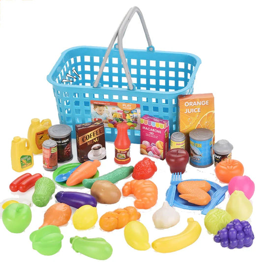 KTX-714195 Large Capacity Shopping Basket Toy Set for Pretend Play with Fruit and Vegetables for Kids Ages 3+