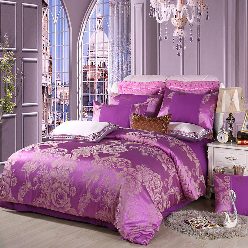 HKM-714259 Elegant Satin Jacquard Four-Piece Bedding Set in Silk Cotton Blend