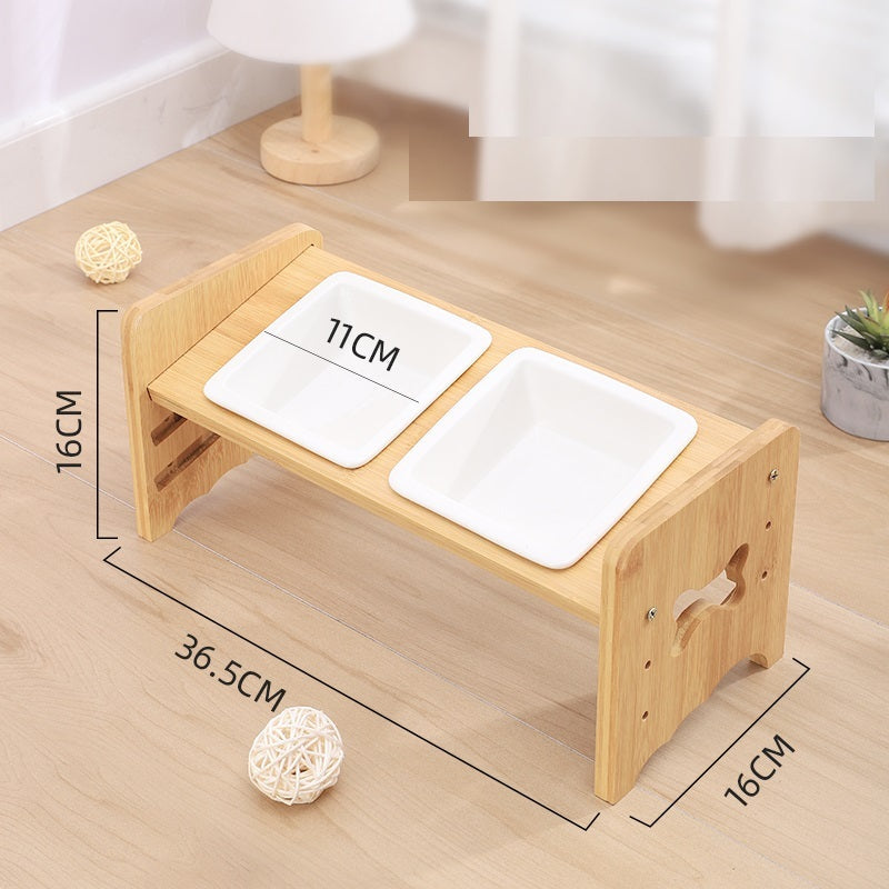 HKM-714451 Adjustable Cat and Dog Bowl with Neck Protector, Bamboo Base and Ceramic Feeding Bowl - 350ML Capacity
