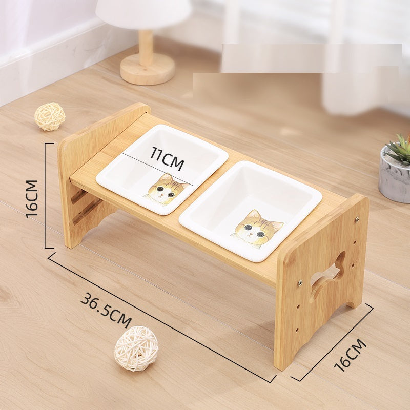 HKM-714451 Adjustable Cat and Dog Bowl with Neck Protector, Bamboo Base and Ceramic Feeding Bowl - 350ML Capacity