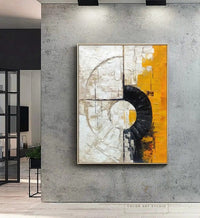 HKM-715027 Abstract Orange and Black Textured Circle Oil Painting – Handmade Modern Wall Art for Living Room and Bedroom