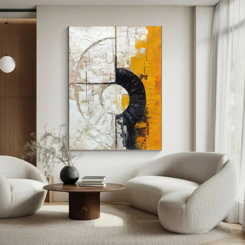 HKM-715027 Abstract Orange and Black Textured Circle Oil Painting – Handmade Modern Wall Art for Living Room and Bedroom