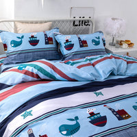 HKM-715091 Cotton Cartoon Four-Piece Bedding Set in Blue for Various Bed Sizes