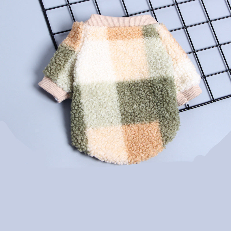 HKM-715539 Lamb Cashmere Two-Legged Pet Clothes for Autumn and Winter in Orange and Green Grid Patterns