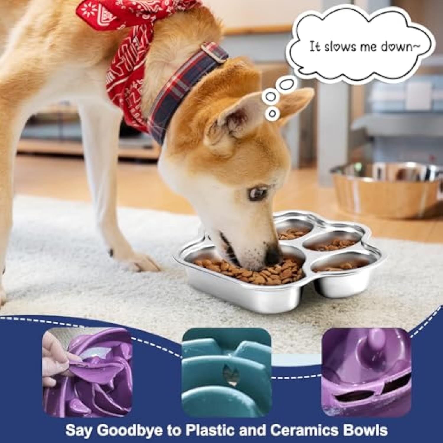 HKM-715603 Stainless Steel Slow Feeder Dog Bowl for Small to Medium Breeds - Non-Slip Design to Promote Healthy Eating