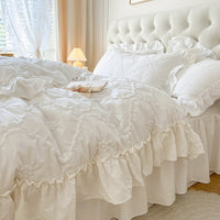 HKM-716243 Washed Cotton Four-Piece Duvet Cover Set with Heart Embroidery and Lace