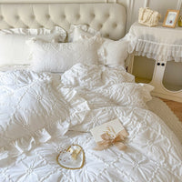 HKM-716243 Washed Cotton Four-Piece Duvet Cover Set with Heart Embroidery and Lace