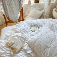 HKM-716243 Washed Cotton Four-Piece Duvet Cover Set with Heart Embroidery and Lace
