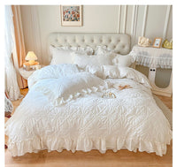 HKM-716243 Washed Cotton Four-Piece Duvet Cover Set with Heart Embroidery and Lace