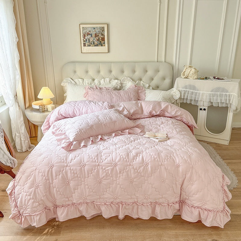 HKM-716243 Washed Cotton Four-Piece Duvet Cover Set with Heart Embroidery and Lace
