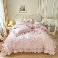 HKM-716243 Washed Cotton Four-Piece Duvet Cover Set with Heart Embroidery and Lace