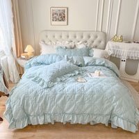 HKM-716243 Washed Cotton Four-Piece Duvet Cover Set with Heart Embroidery and Lace