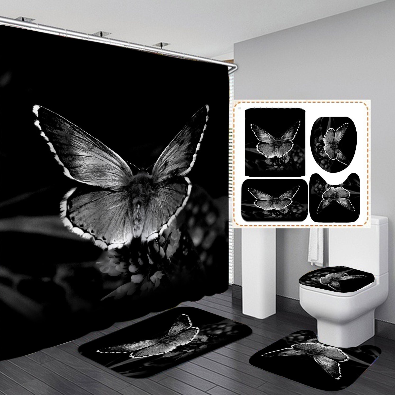 HKM-716947 Butterfly Pattern Polyester Shower Curtain - 180x200 cm