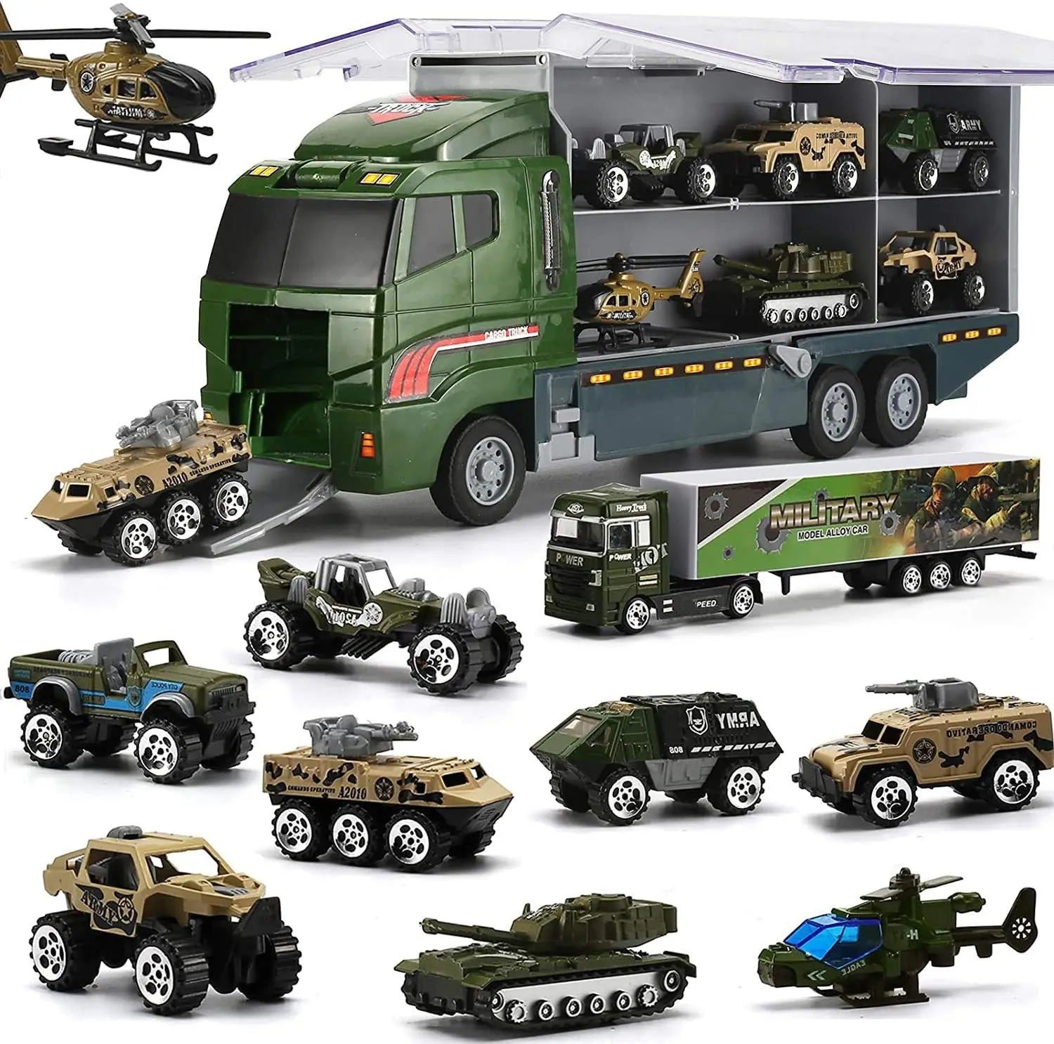 Kids Pretend Play Police Station Set with Die Cast Army Vehicle Mini Battle Toy Car Carrier Truck
