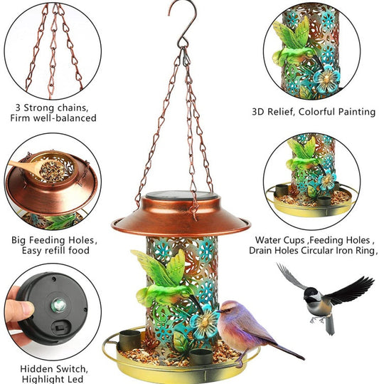 HKM-717331 Solar Bird Feeder and Garden Lantern - Outdoor Hanging Metal Feeder with S Hook for Bird Enthusiasts