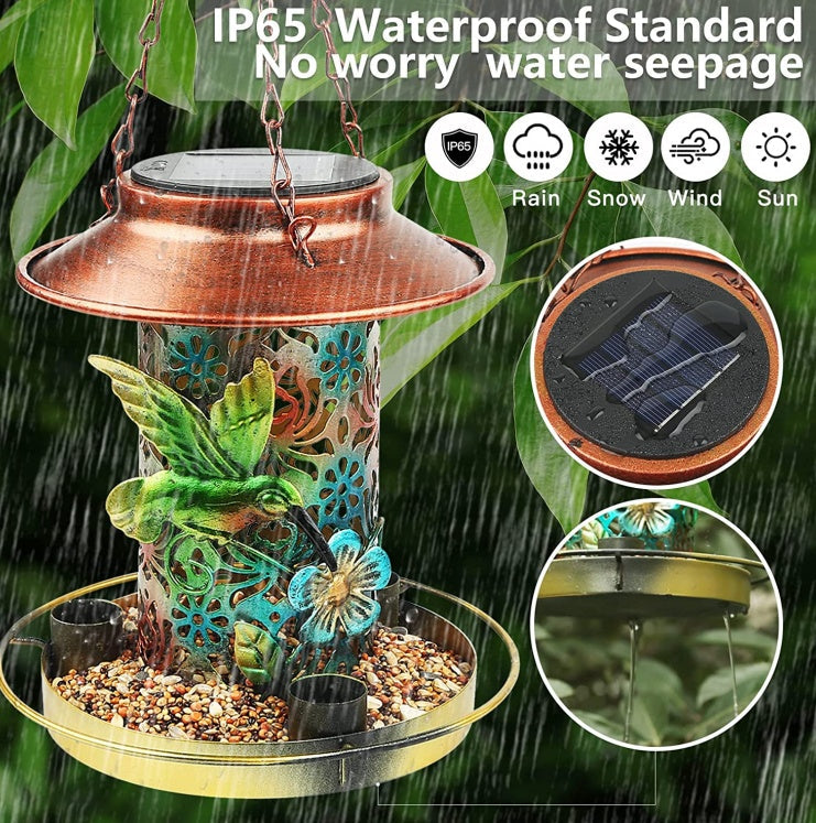 HKM-717331 Solar Bird Feeder and Garden Lantern - Outdoor Hanging Metal Feeder with S Hook for Bird Enthusiasts